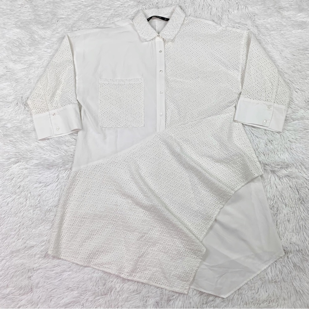 Zara short‎ sleeve eyelet asymmetrical shirt dress in white